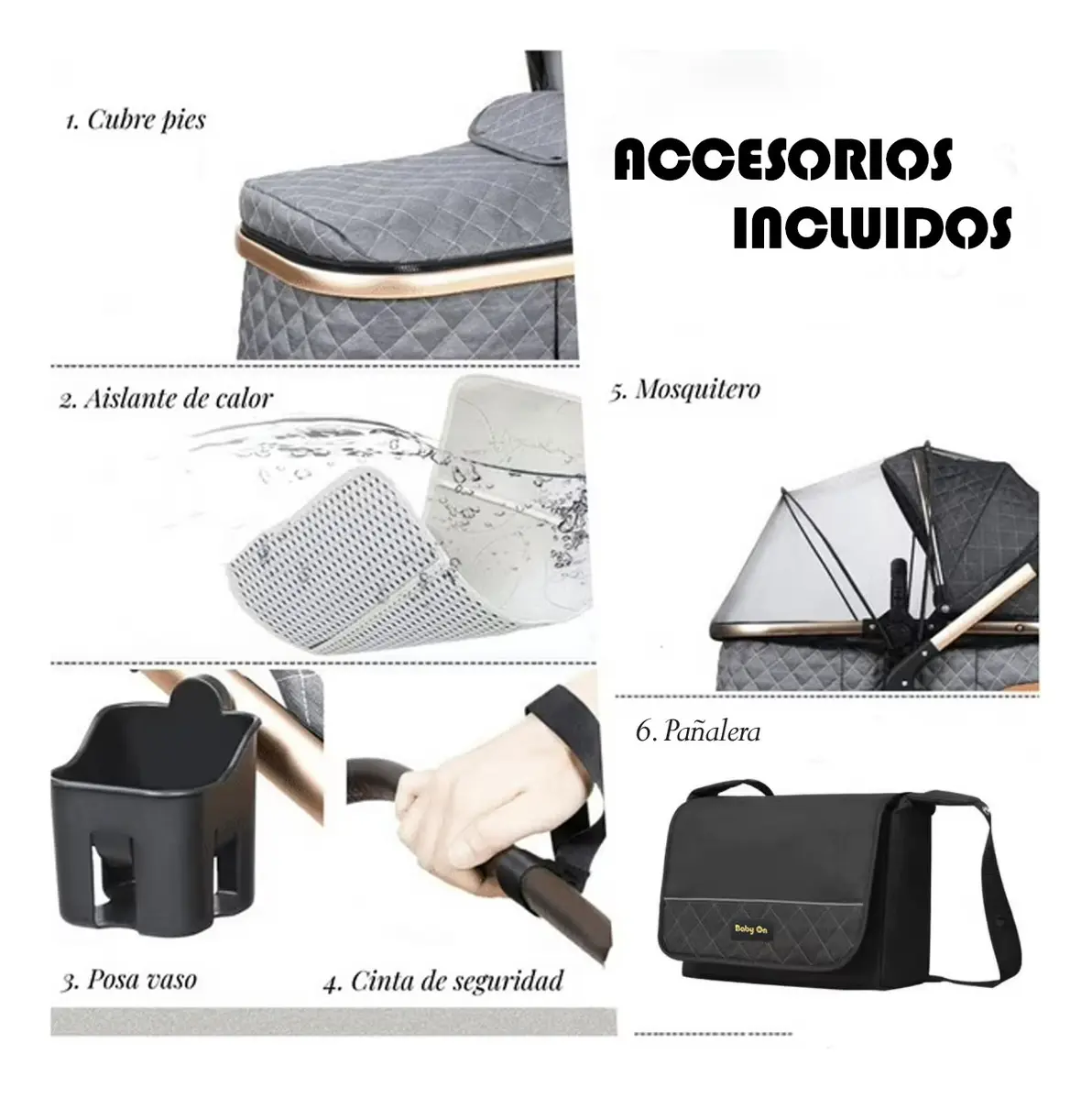 Coche Bebé Tipo Moisés 3 en 1 – Aluminio Dorado + Accesorios - Image 3