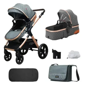 Coche Bebé Tipo Moisés 3 en 1 – Aluminio Dorado + Accesorios