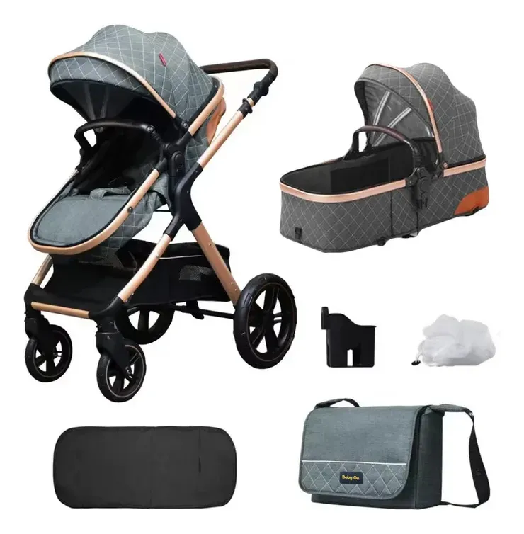 Coche Bebé Tipo Moisés 3 en 1 – Aluminio Dorado + Accesorios