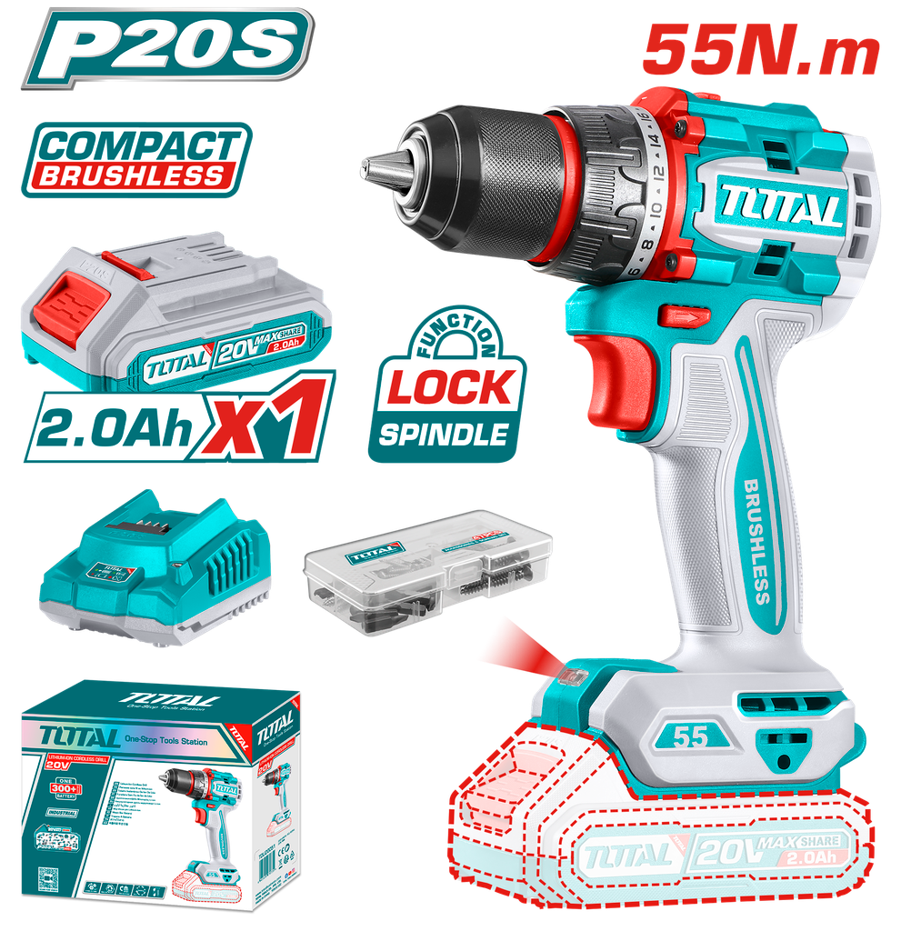 Taladro Atornillador Inalámbrico Total 20V – 55Nm 1/2”