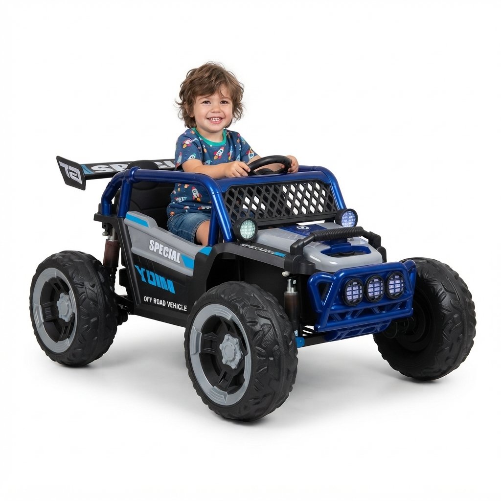 Carro Eléctrico Infantil Campero WILLY 12V con 4 Motores, Bluetooth y Asiento en Cuero Azul